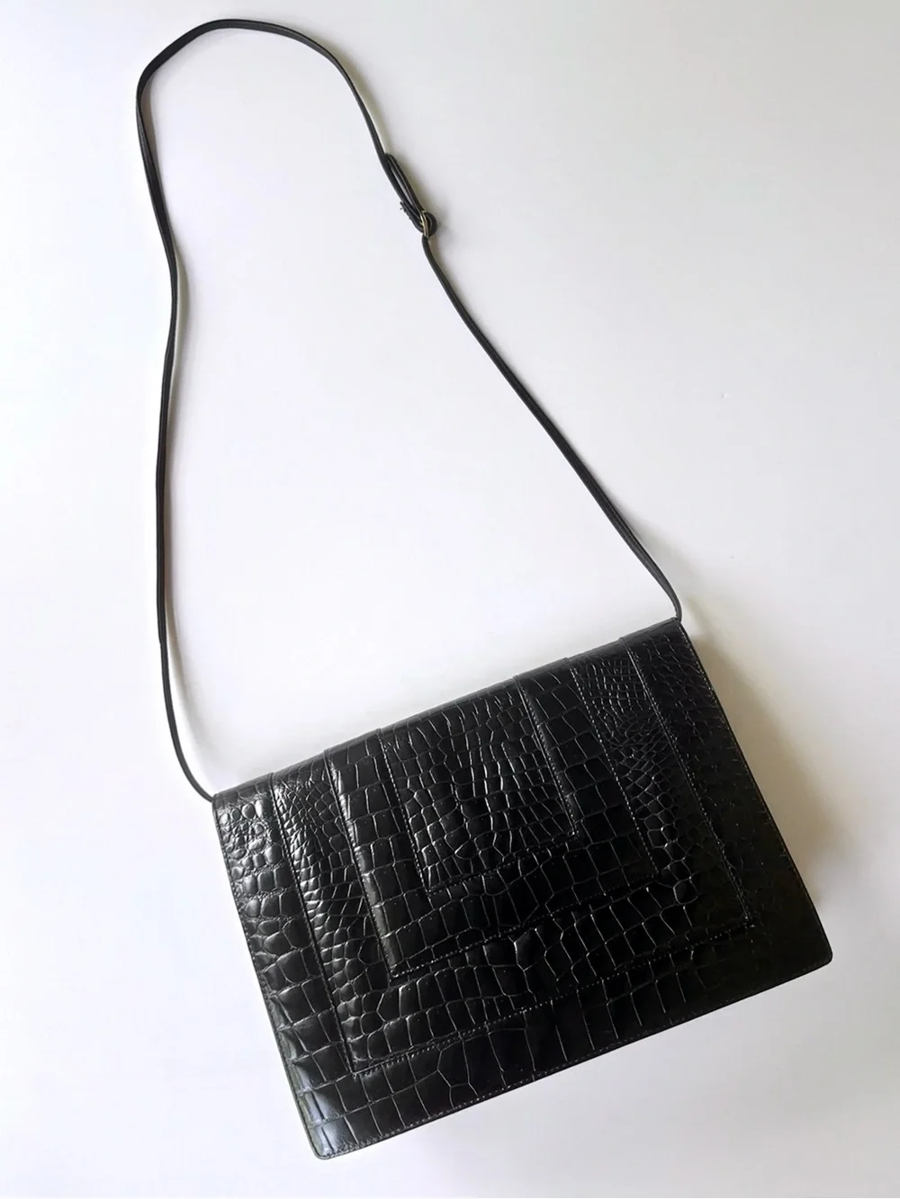 Vintage Fendi Crocodile Embossed Black Leather Crossbody Bag Clutch 1970s-1980s
